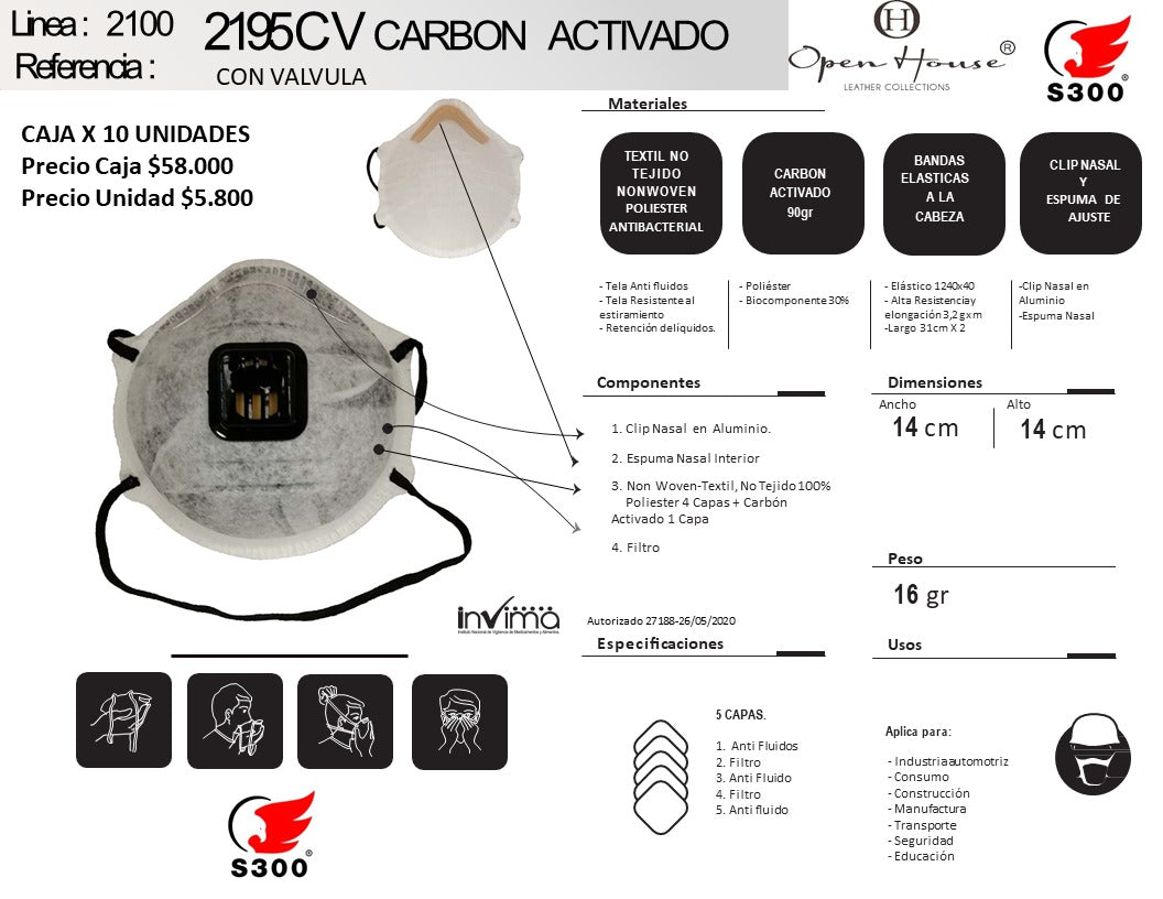 PARTICLE RESPIRATOR WITH ACTIVATED CARBON 2195C WITH VALVE BOX OF 10