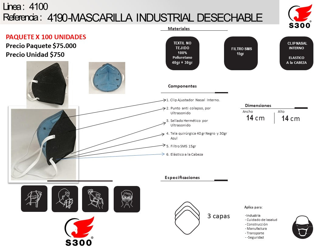 INDUSTRIAL MASK RESPIRATOR 4190 - PACK OF 100